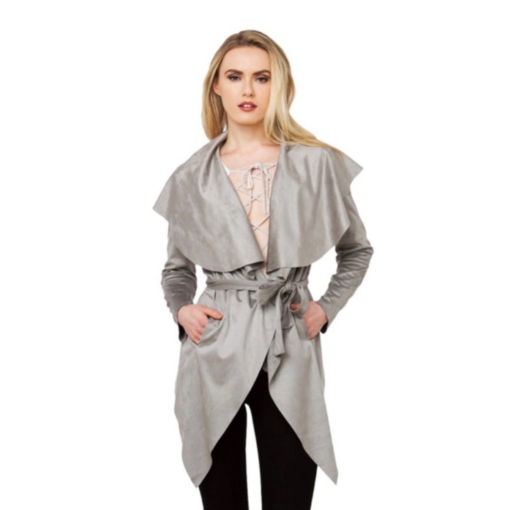 Akira Gray Vegan Suede Waterfall Draped Jacket S